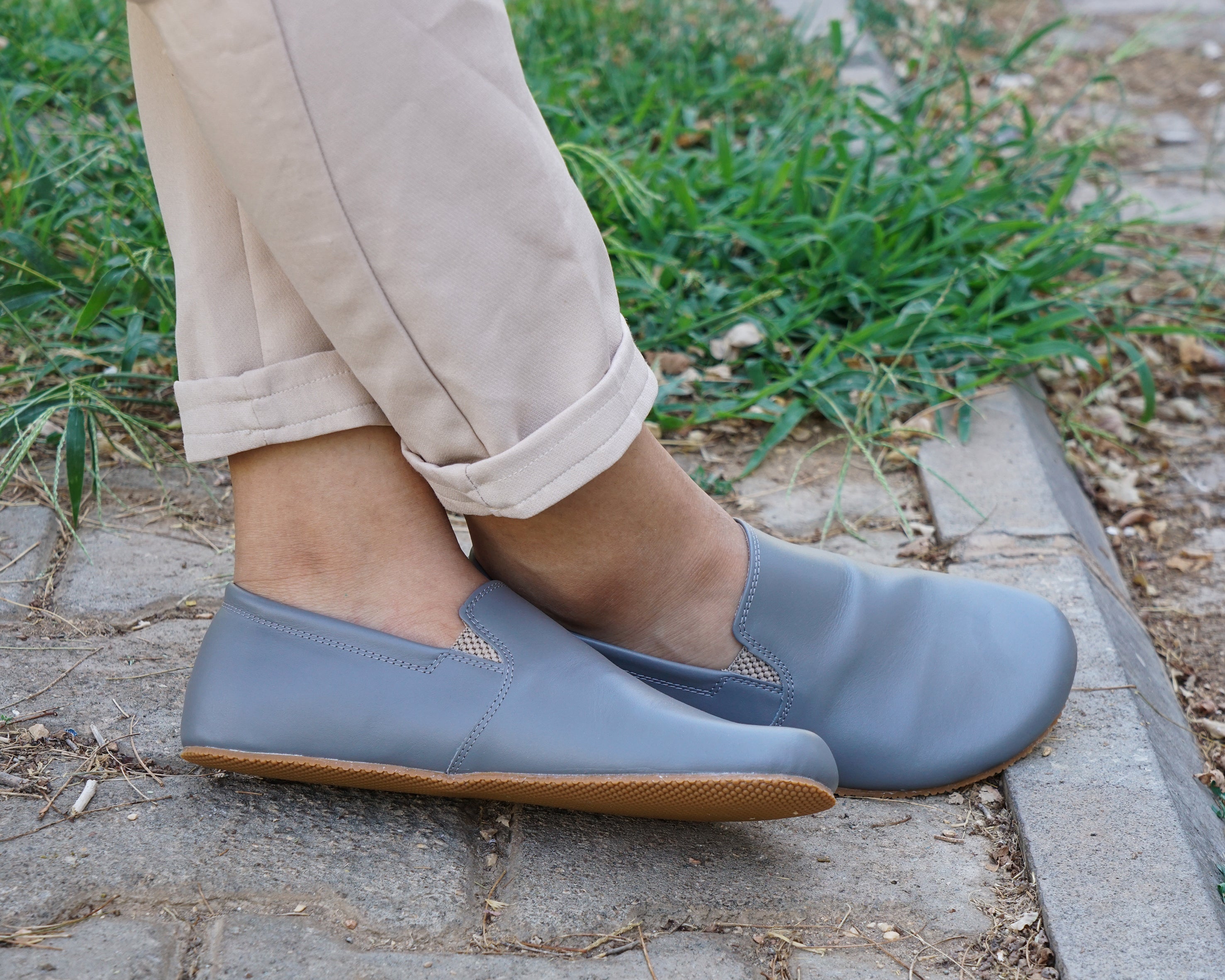 Gray Slip-On Wide Barefoot Shoes Smooth Leather Handmade 4mm Rubber Outsole 