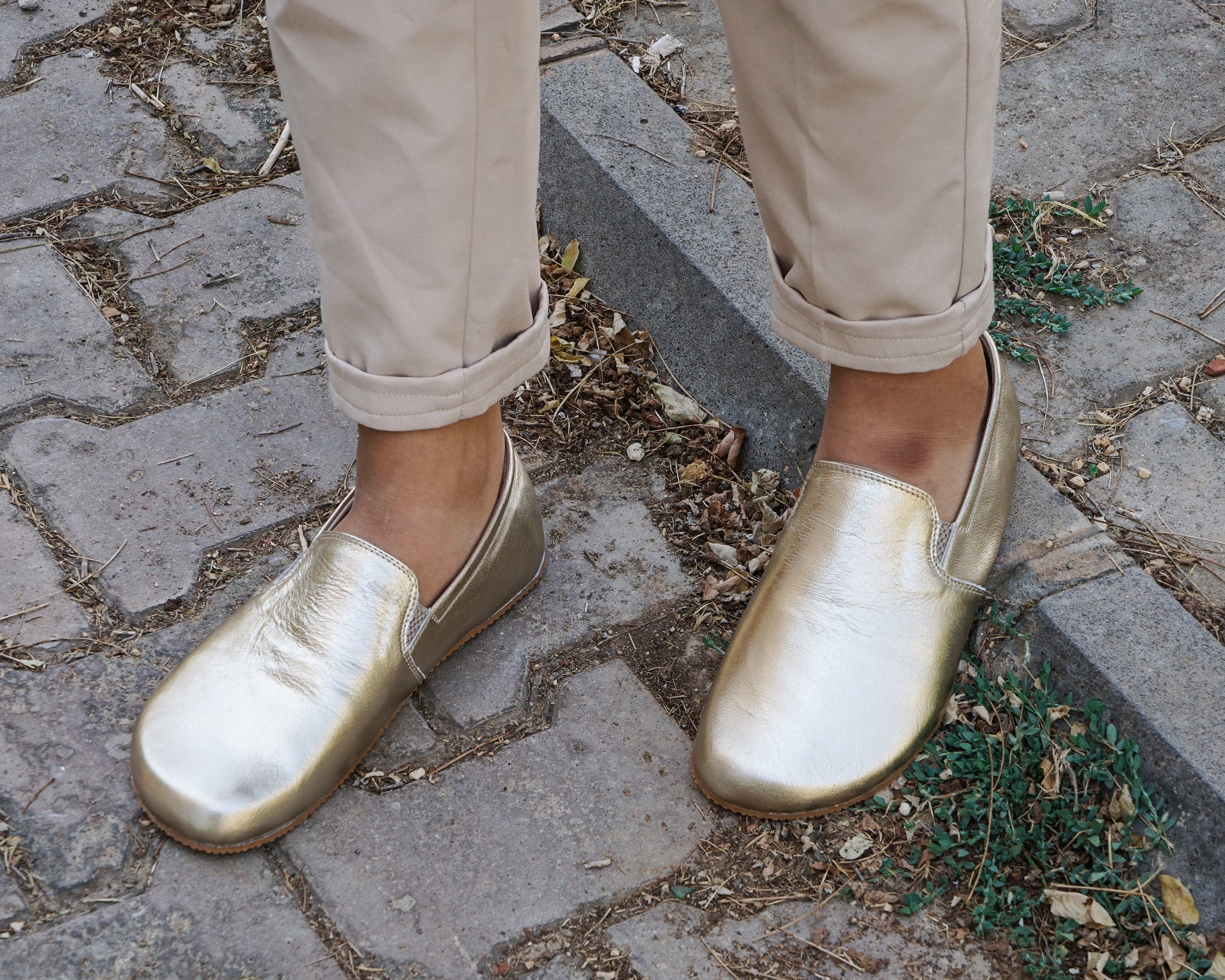 Gold Slip-On Wide Barefoot Shoes Smooth Leather Handmade 4mm Rubber Outsole 