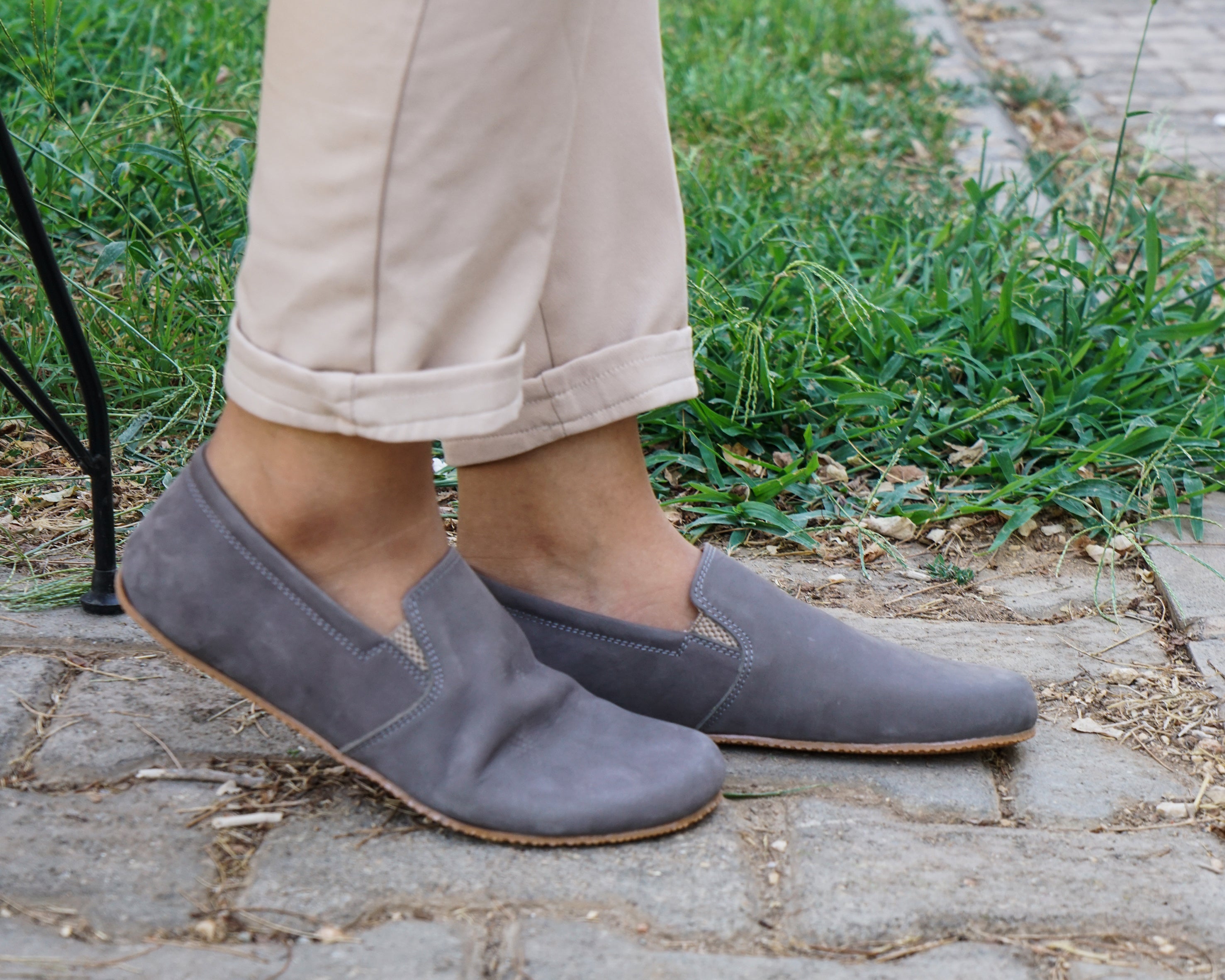 Gray Slip-On Wide Barefoot Shoes Nubuck Leather Handmade 4mm Rubber Outsole 