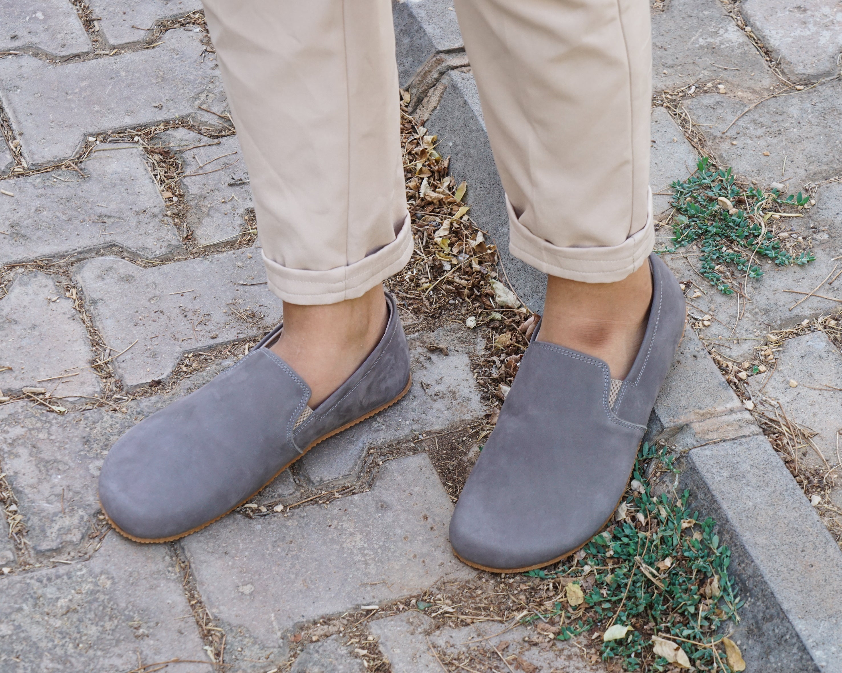 Gray Slip-On Wide Barefoot Shoes Nubuck Leather Handmade 4mm Rubber Outsole 