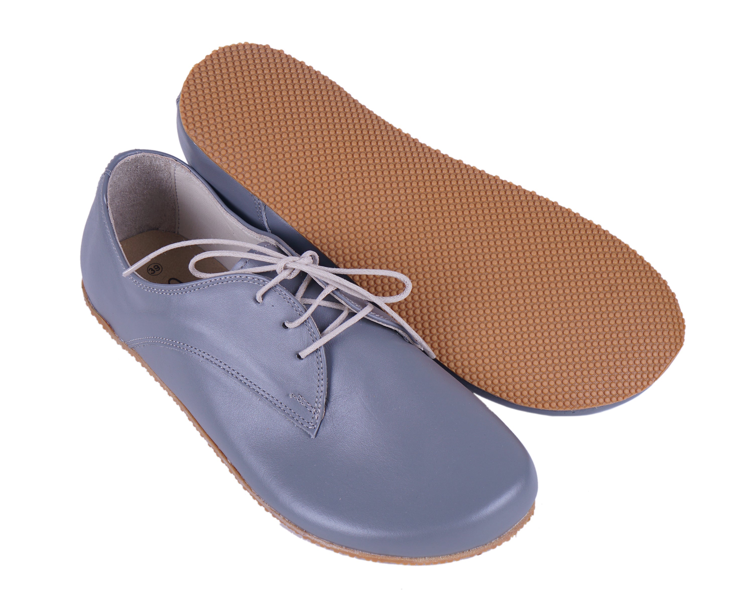 Gray Oxford Wide Barefoot Shoes Smooth Leather Handmade 4mm Rubber Outsole 