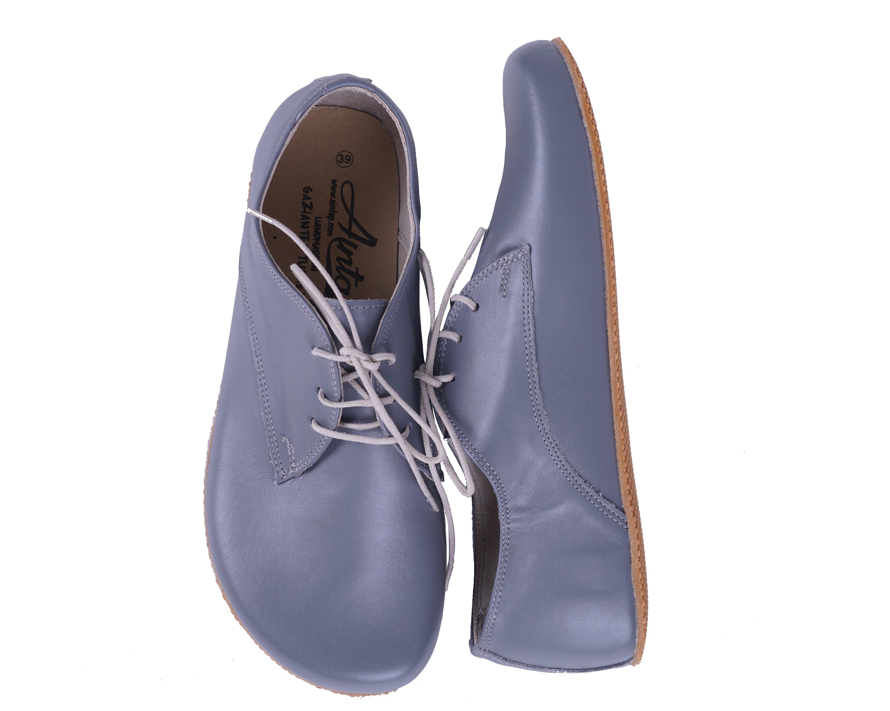 Gray Oxford Wide Barefoot Shoes Smooth Leather Handmade 4mm Rubber Outsole 