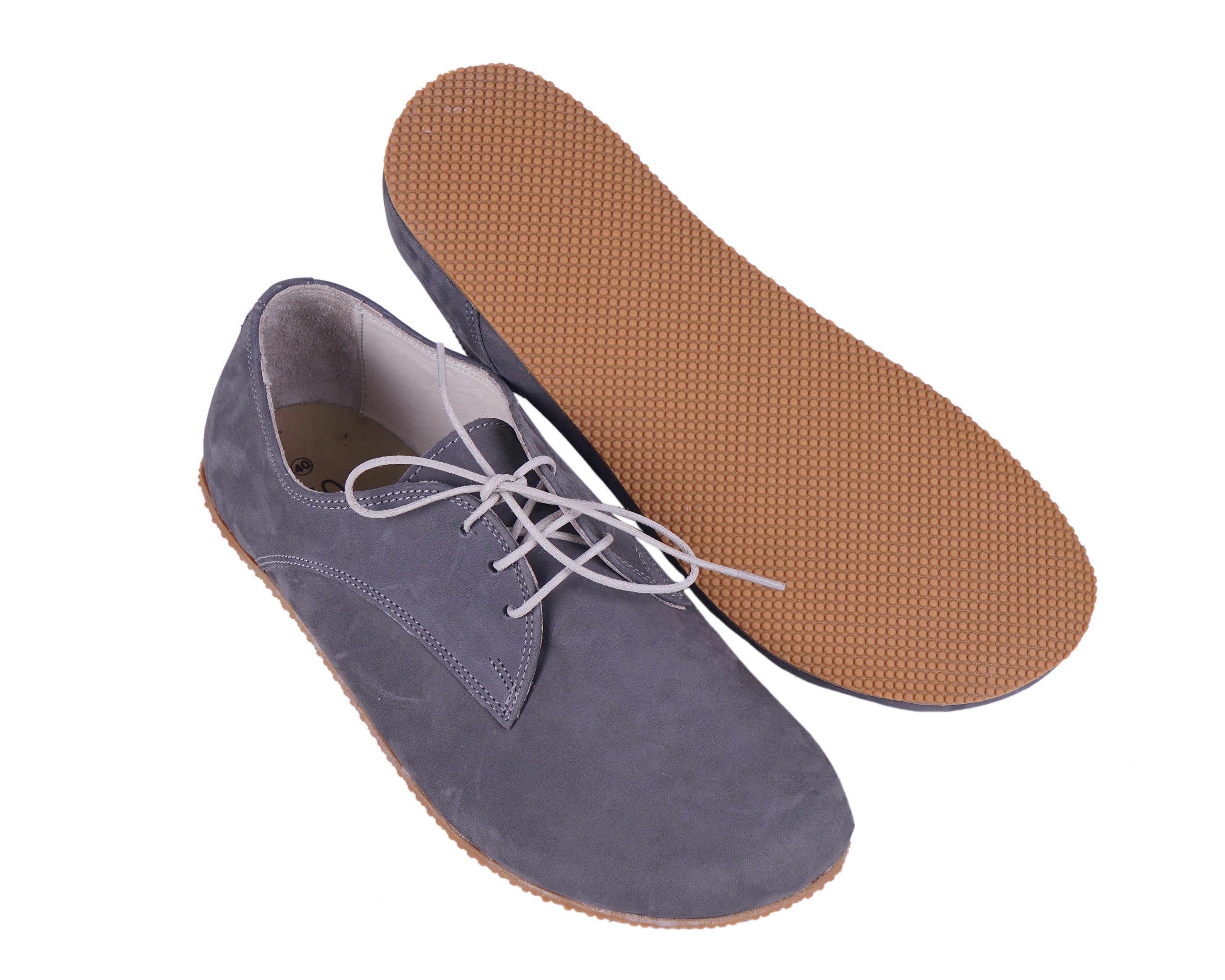 Gray Oxford Wide Barefoot Shoes Nubuck Leather Handmade 4mm Rubber Outsole 