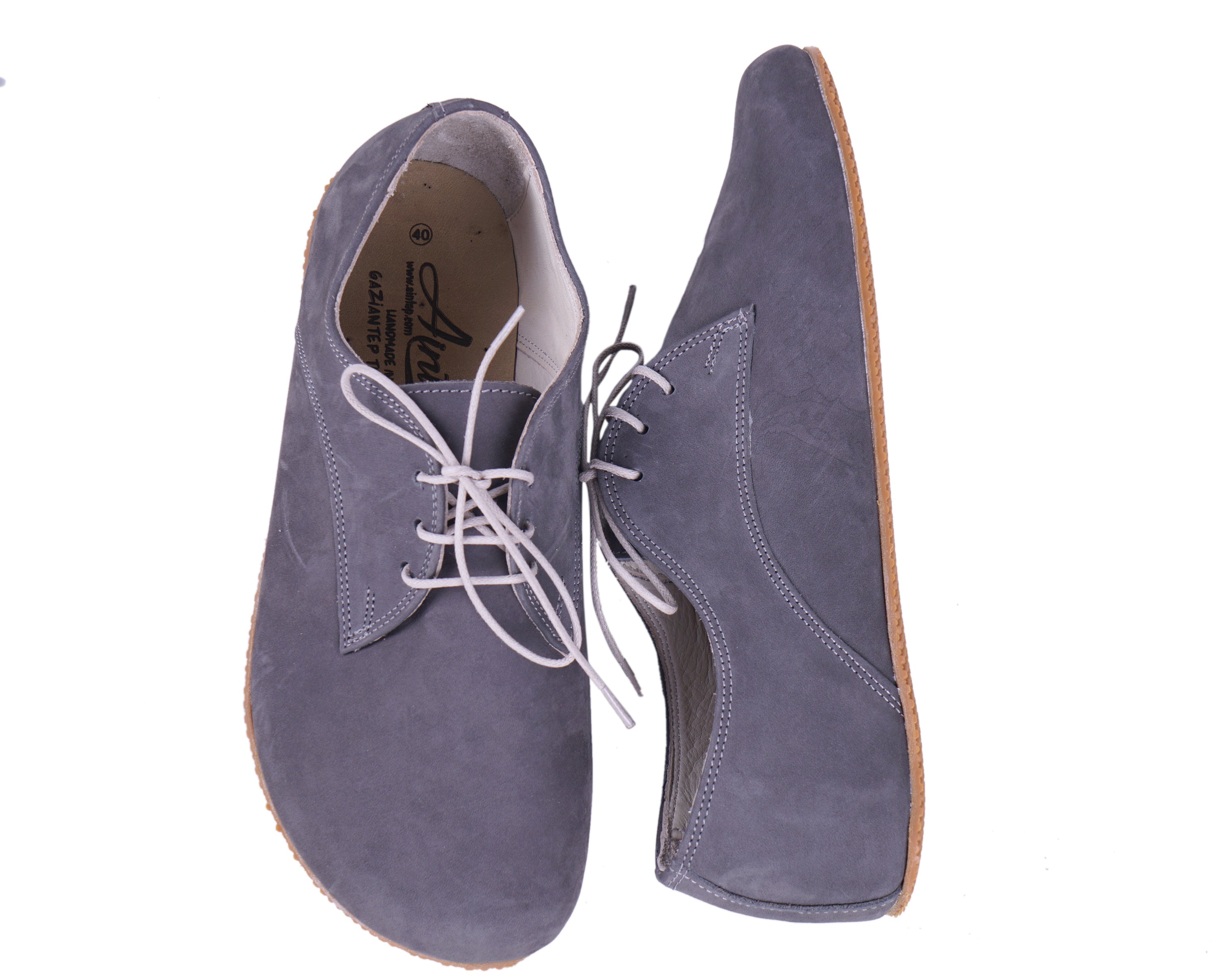 Gray Oxford Wide Barefoot Shoes Nubuck Leather Handmade 4mm Rubber Outsole 