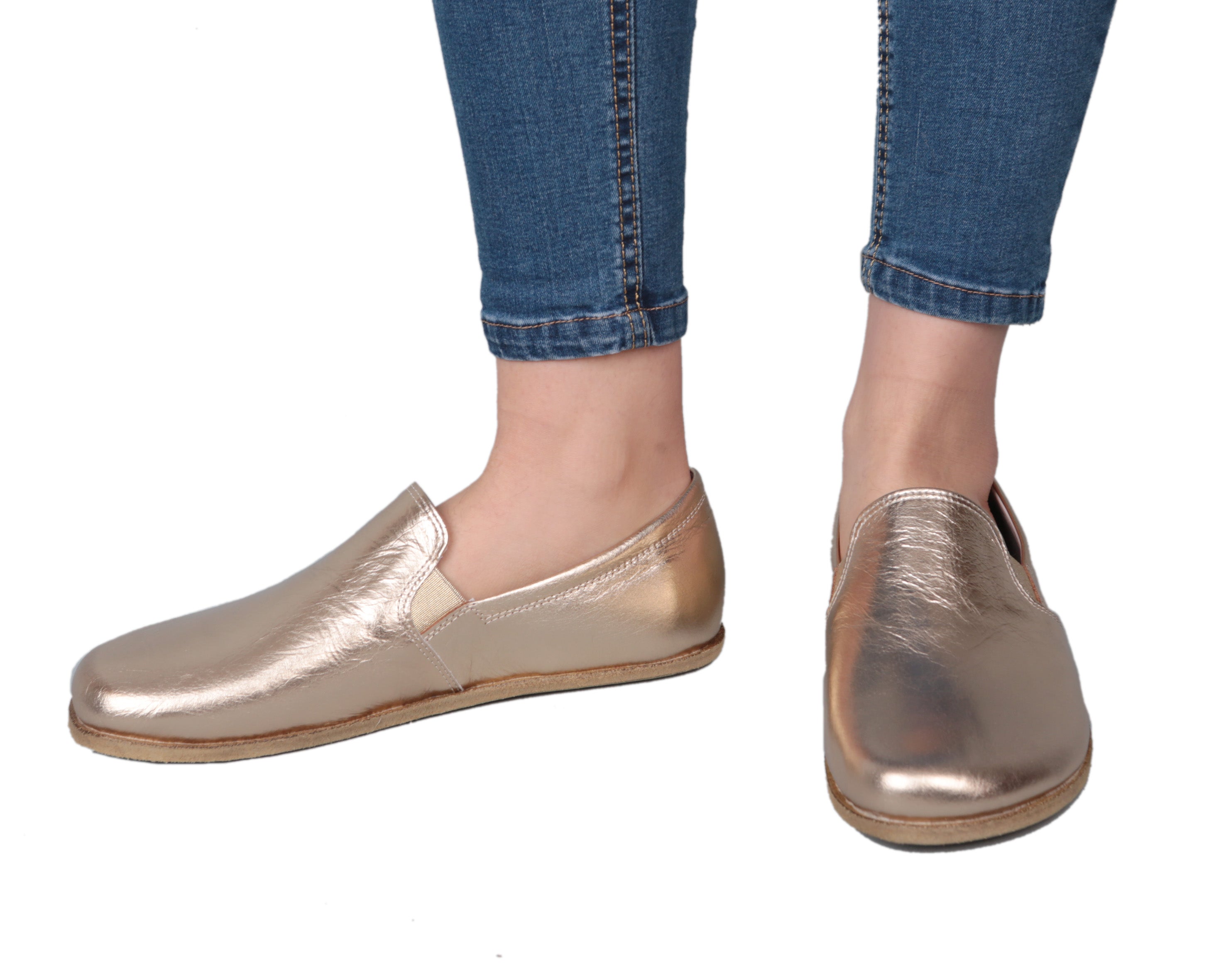 Gold Slip-On Wide Barefoot Smooth Leather Handmade Classic Shoes 