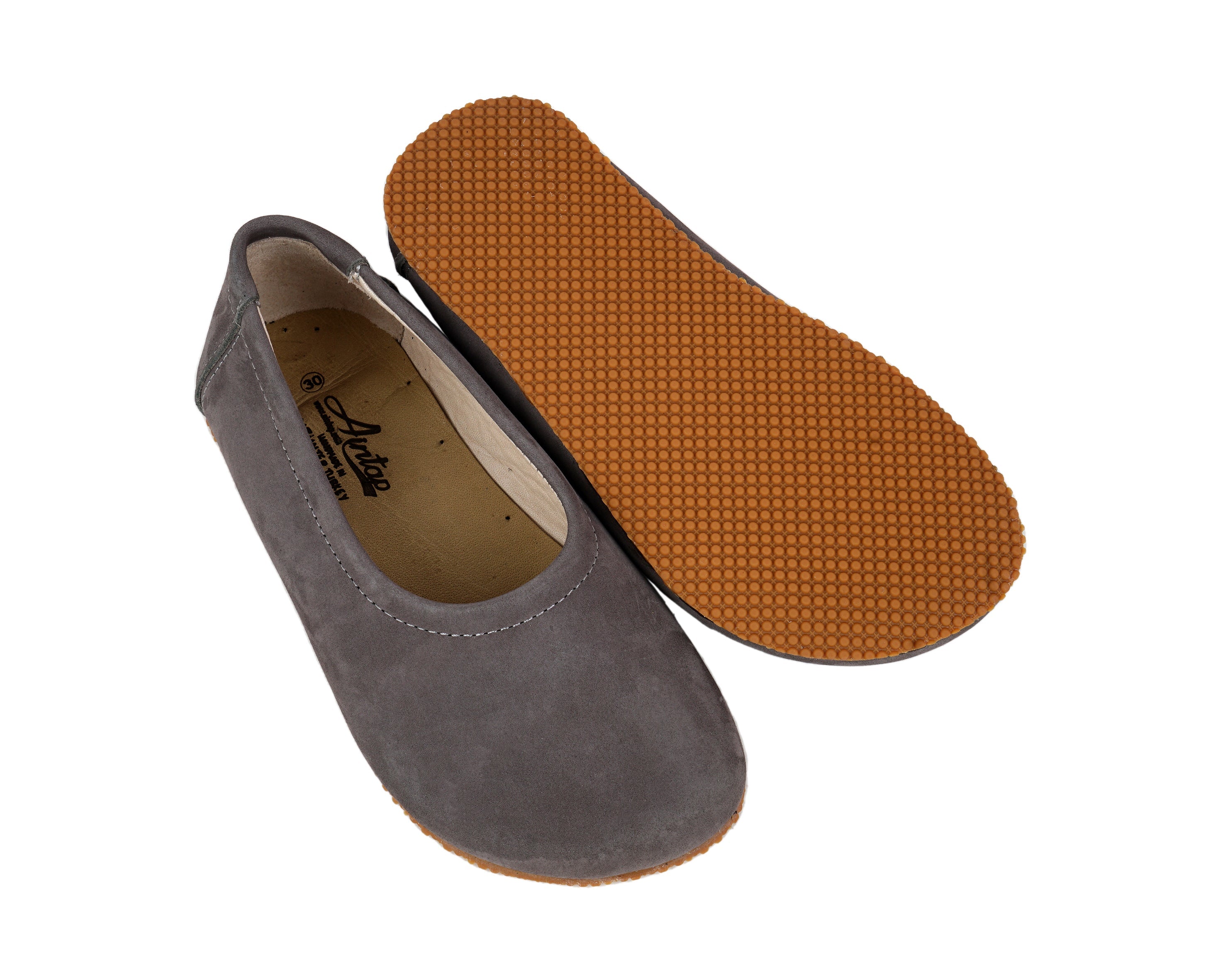 Gray Kids Flat Ballet Wide Barefoot Shoes Nubuck Leather Handmade Leather & Rubber Sole 