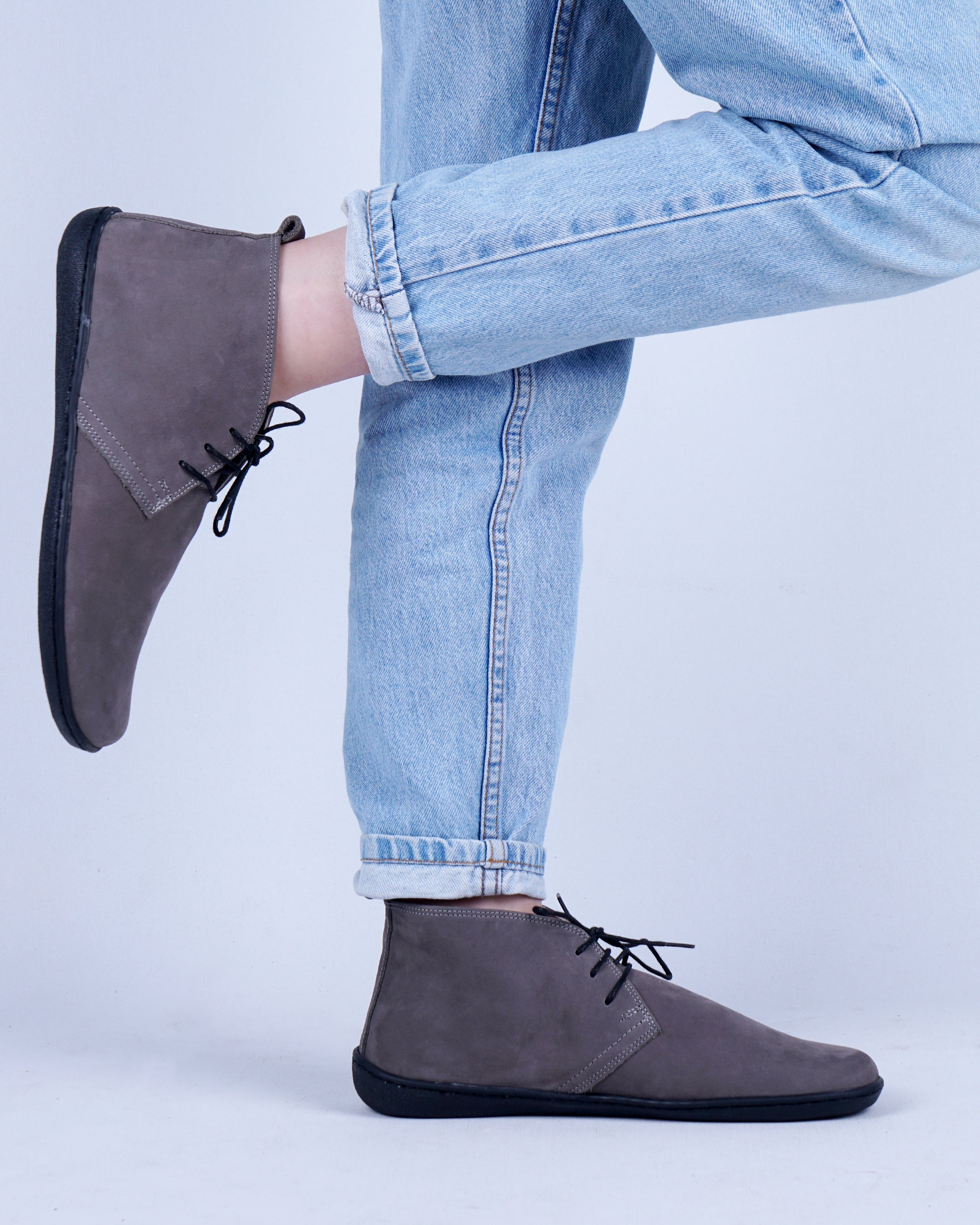 Gray Ankle Boots Wide Barefoot Shoes Nubuck Leather Handmade Rubber Outsole 