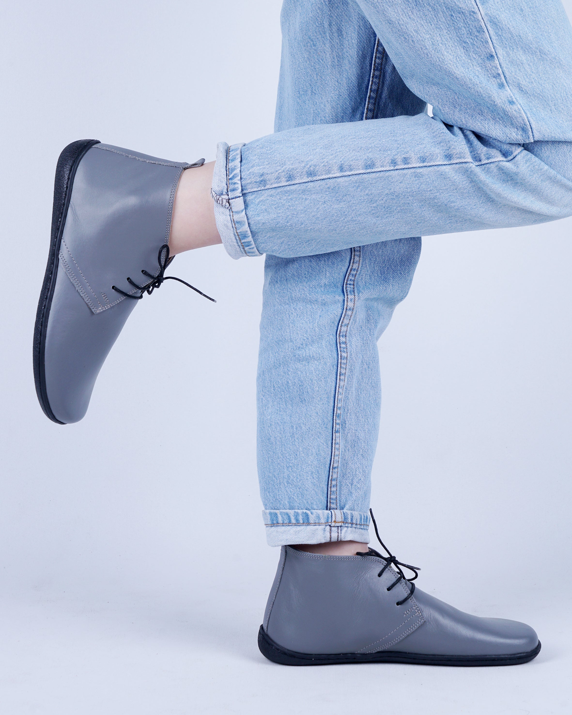 Gray Ankle Boots Wide Barefoot Shoes Smooth Leather Handmade 6mm Rubber Outsole 